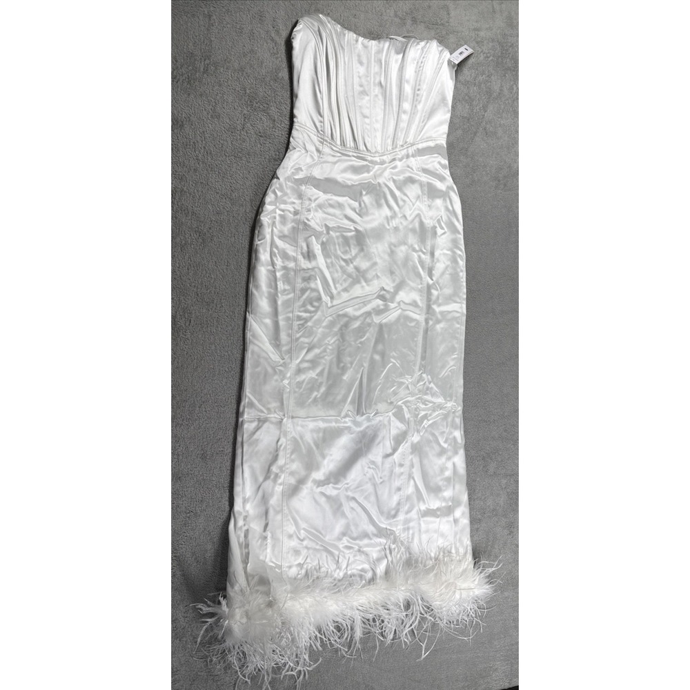 AQUA Women's Faux Feather Trim Hem Midi Cocktail/Party Dress White Size XS NWT